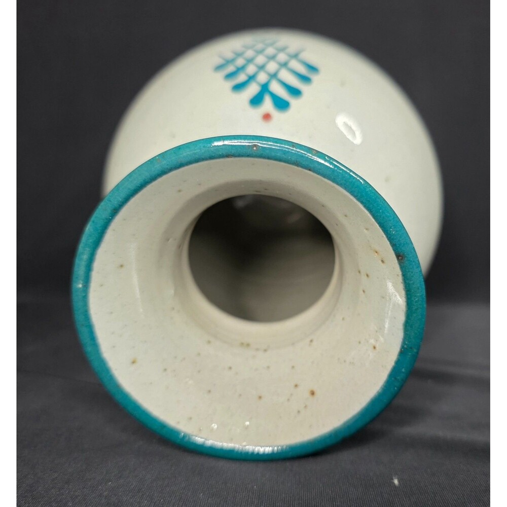 Hand Thrown Studio Pottery Vase Gray & Teal Blue Floral Stoneware Signed 6.75" - Picture 13 of 14